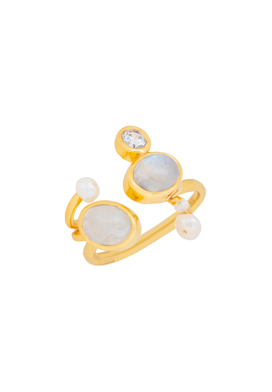 Anillo abierto con piedraluna, perlas y circonita