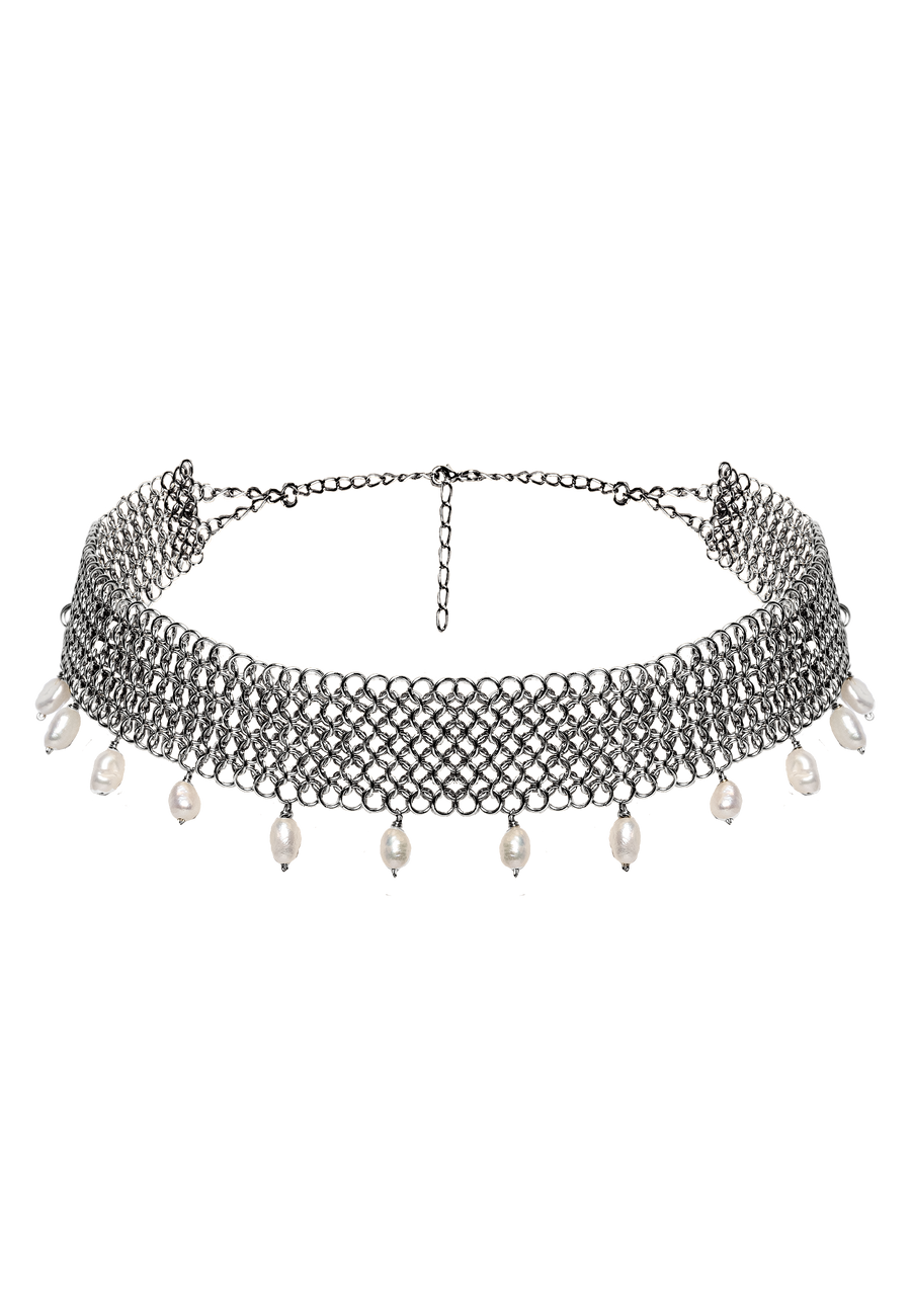 choker plata de malla con perlas