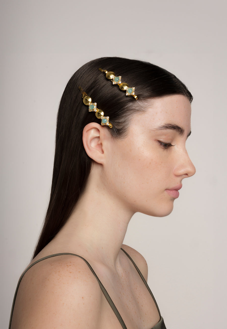 Horquillas para el pelo con piedras naturales en aguamarina