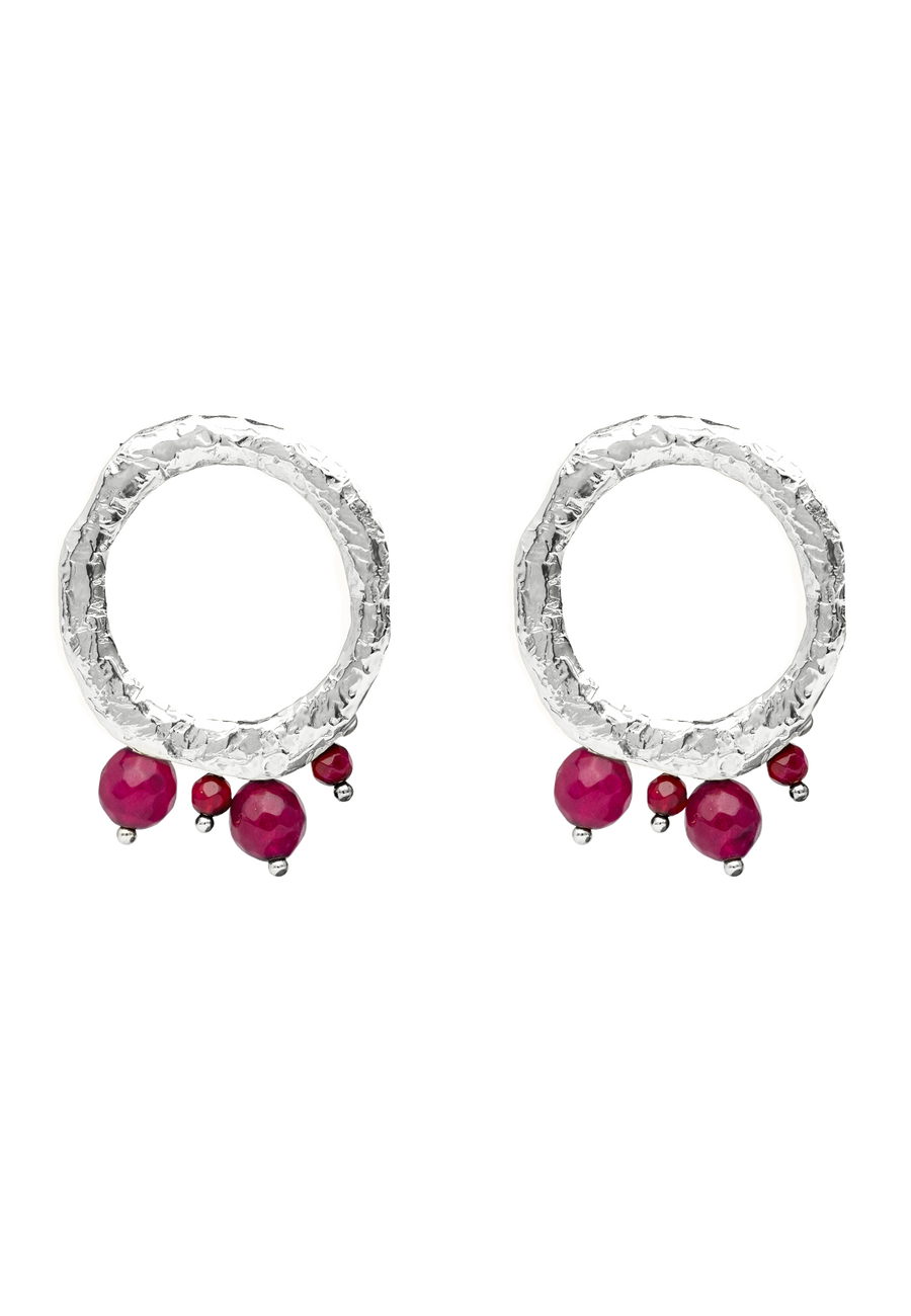 Pendientes de aro artesanales en plata con piedras de ágata fucsia