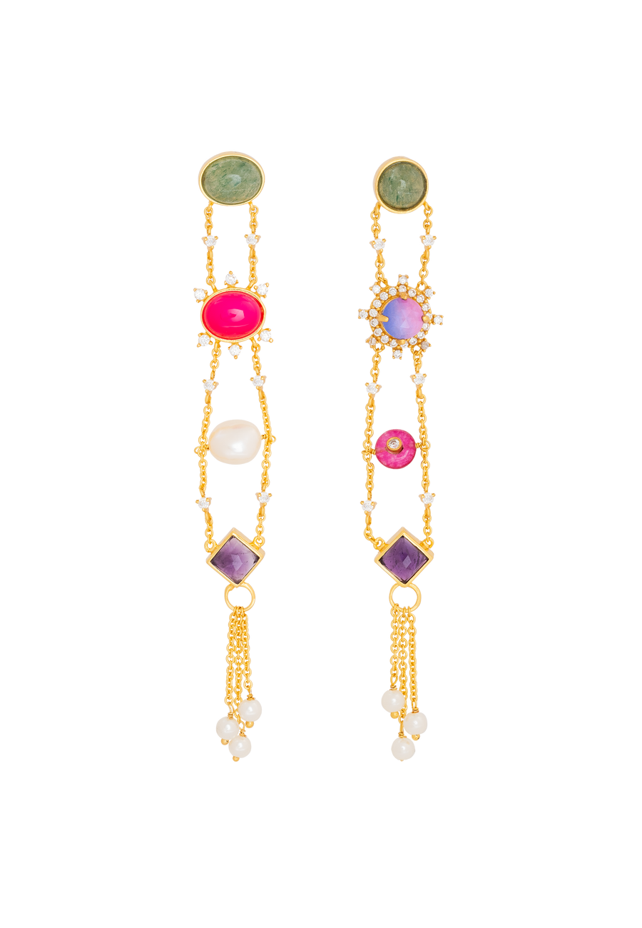Pendientes de Cristales Multicolor Largos en tonos verdes, morados y rosas