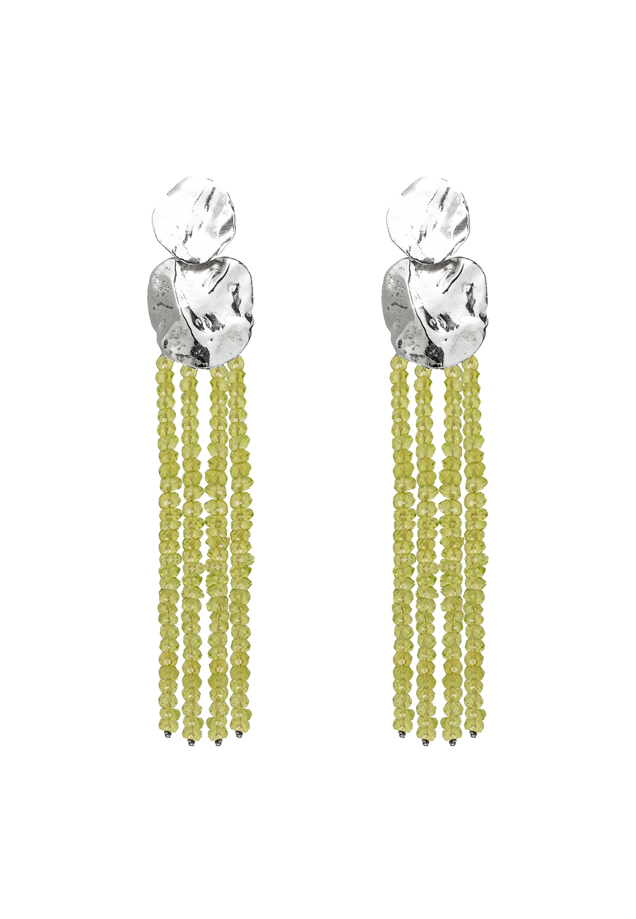 pendientes plata de flecos con cuentas de peridote verde