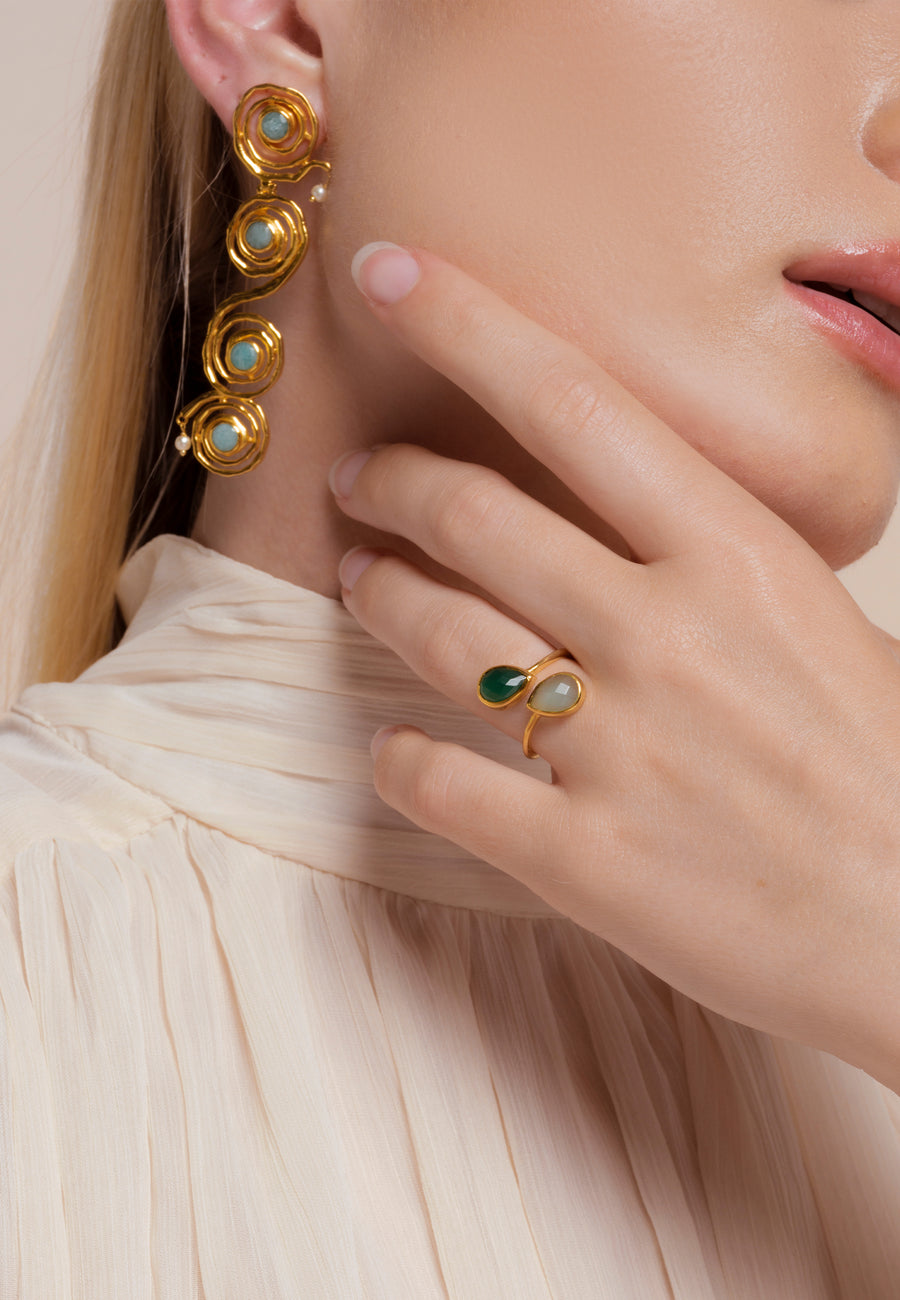 anillo aura verde y agua con ónix y calcedonia aguamarina