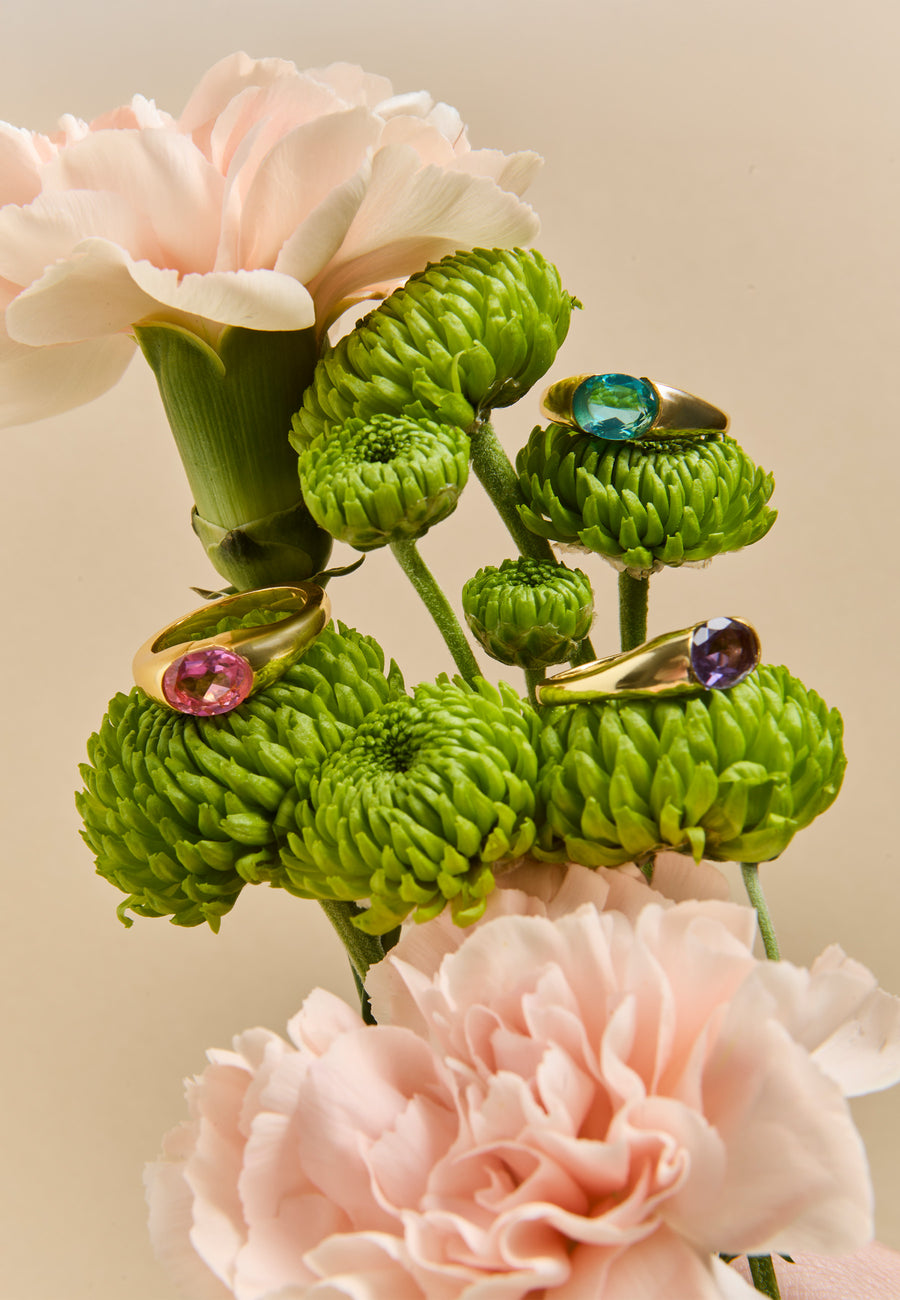 Tres anillos dorados con piedras en tonos rosa, azul y morado, colocados sobre flores verdes y claveles rosados, joyas vibrantes con diseño elegante.