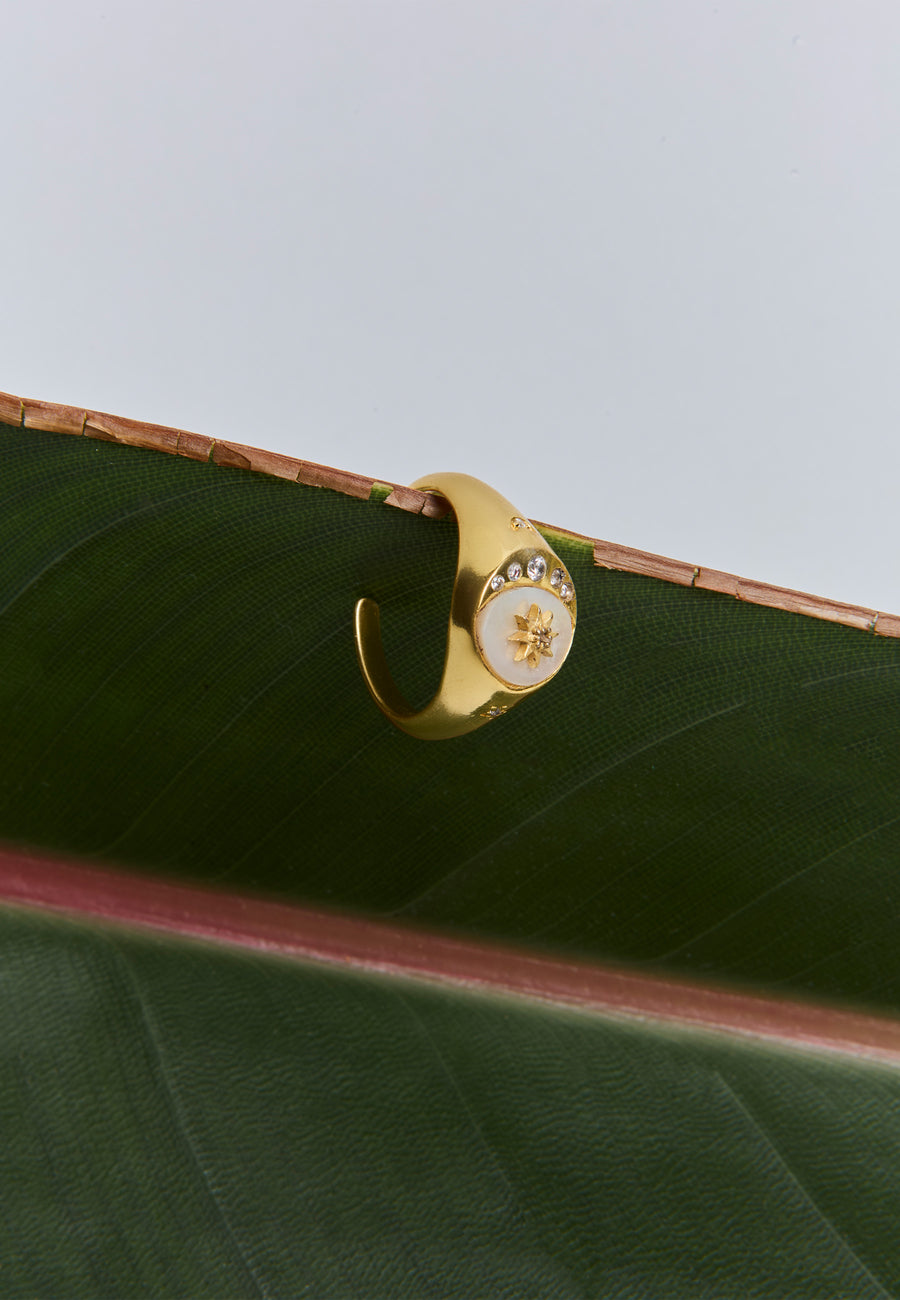 Anillo de sello dorado con diseño de Sol, Luna y Estrellas, colocado sobre hoja tropical. Joya celestial con inspiración astral para mujer.