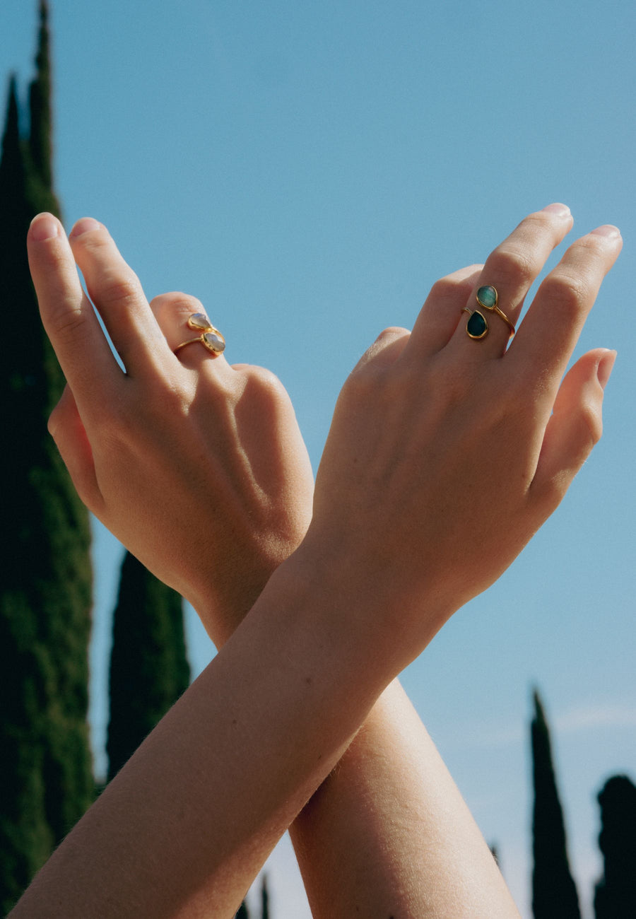 manos cruzadas con anillos aura en colores distintos