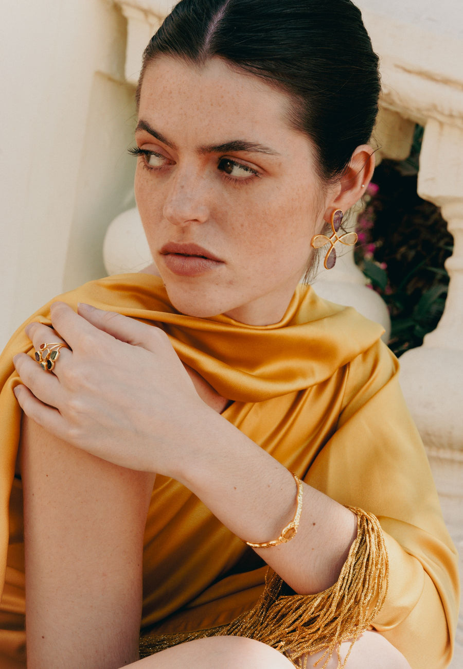 brazalete citrino namasté con anillo unalome y pendientes namasté