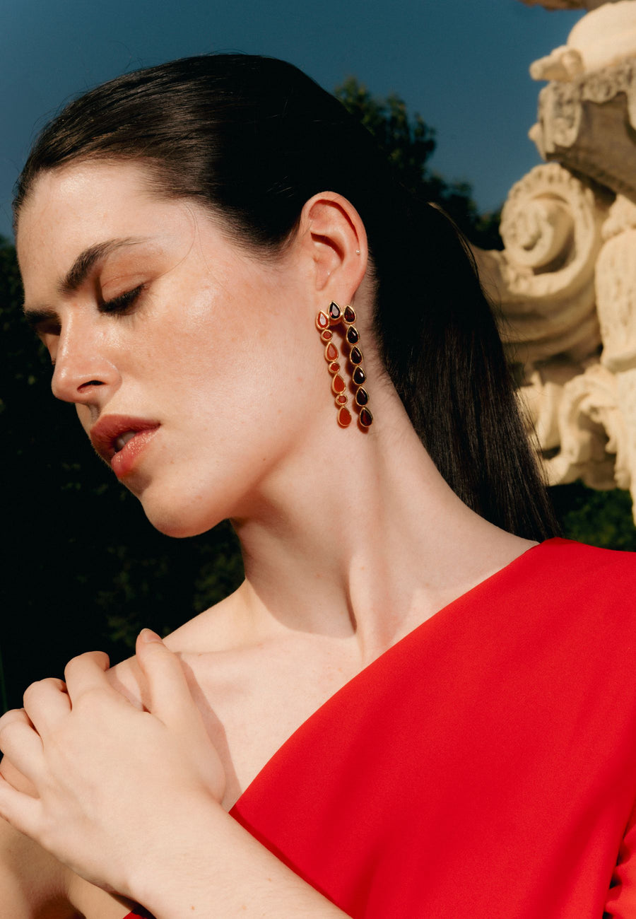 pendientes dobles samsara en color granate y naranja