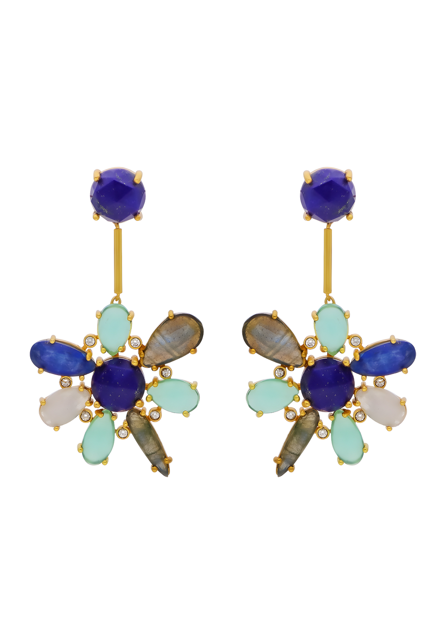 Pendientes flor de hibisco con piedras en tonos azules