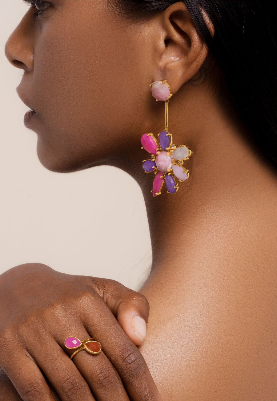 pendientes flor fucsia y rosa con piedras naturales