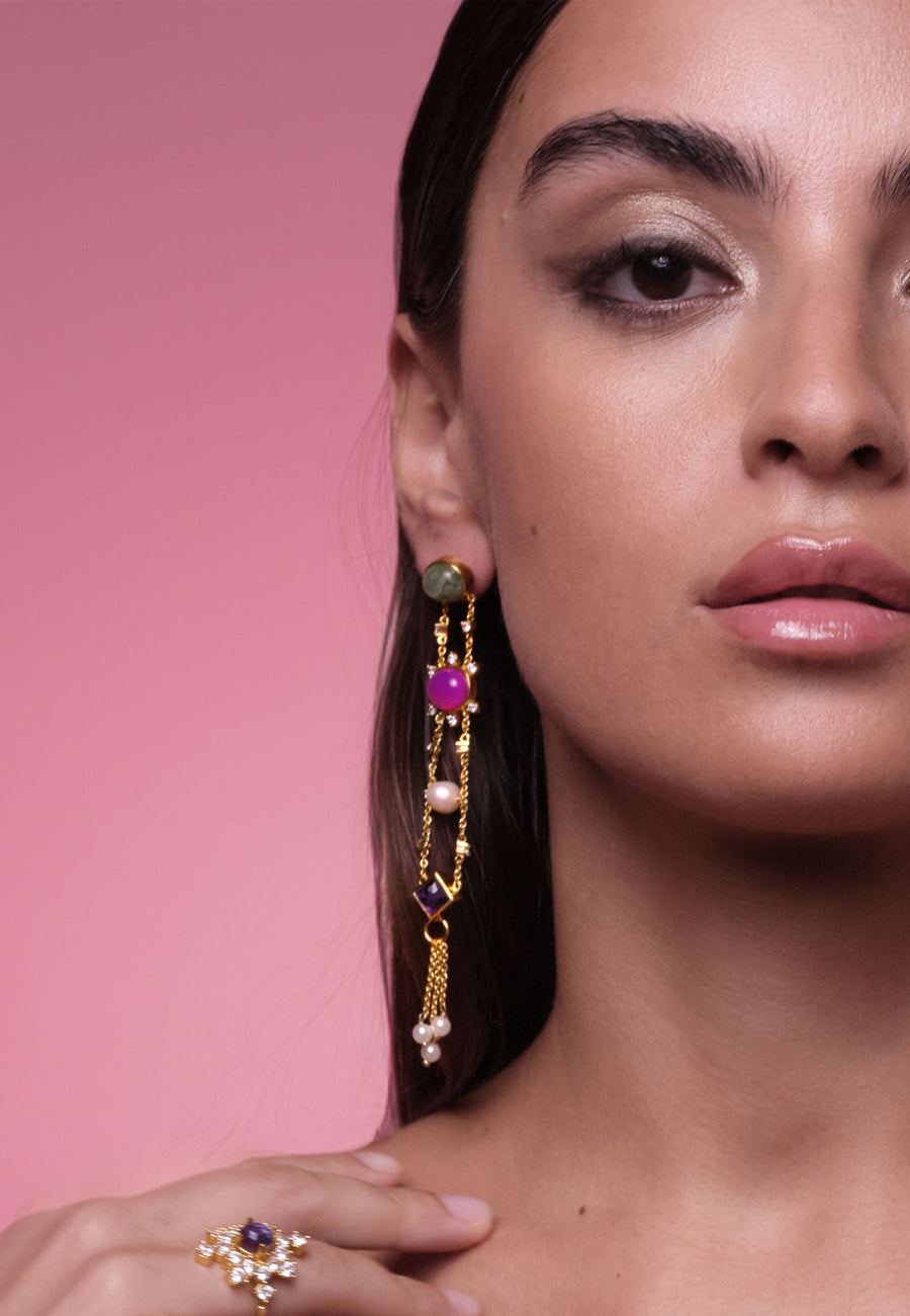 Pendientes de cristales largos multicolor con perlas y turmalina