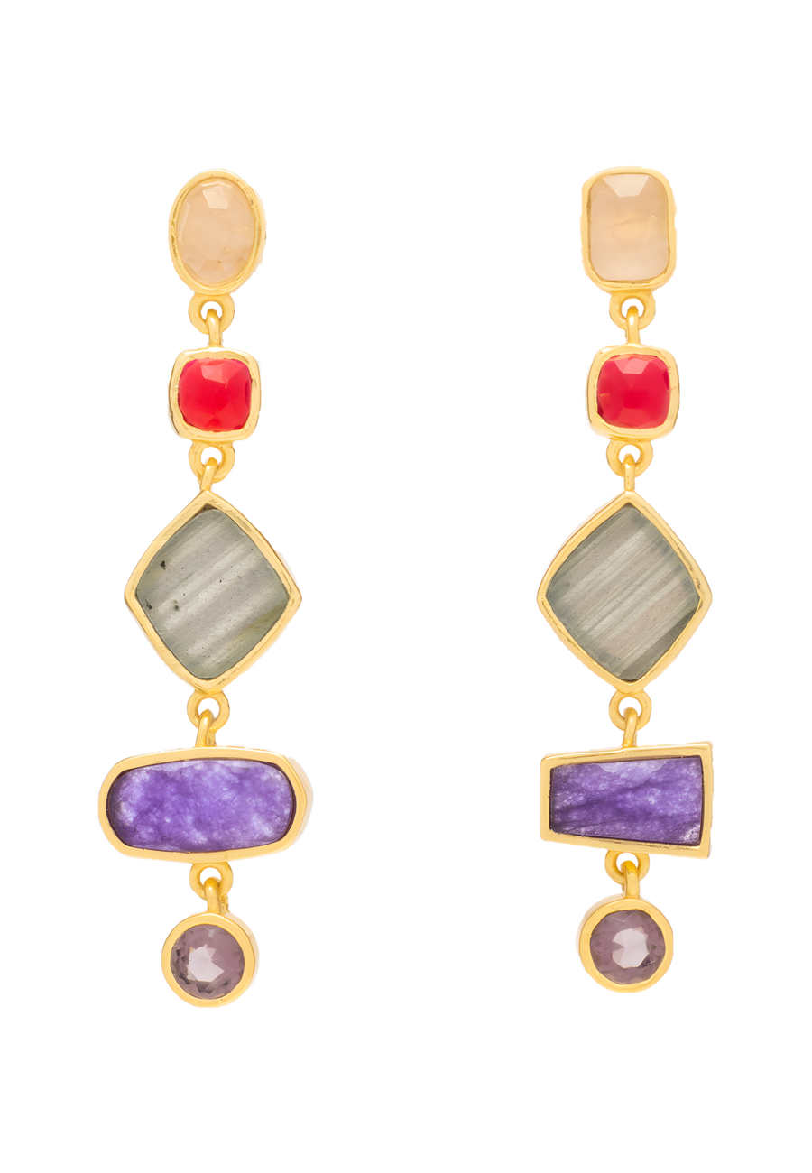 Pendientes malva geométricos con piedras de colores dorados