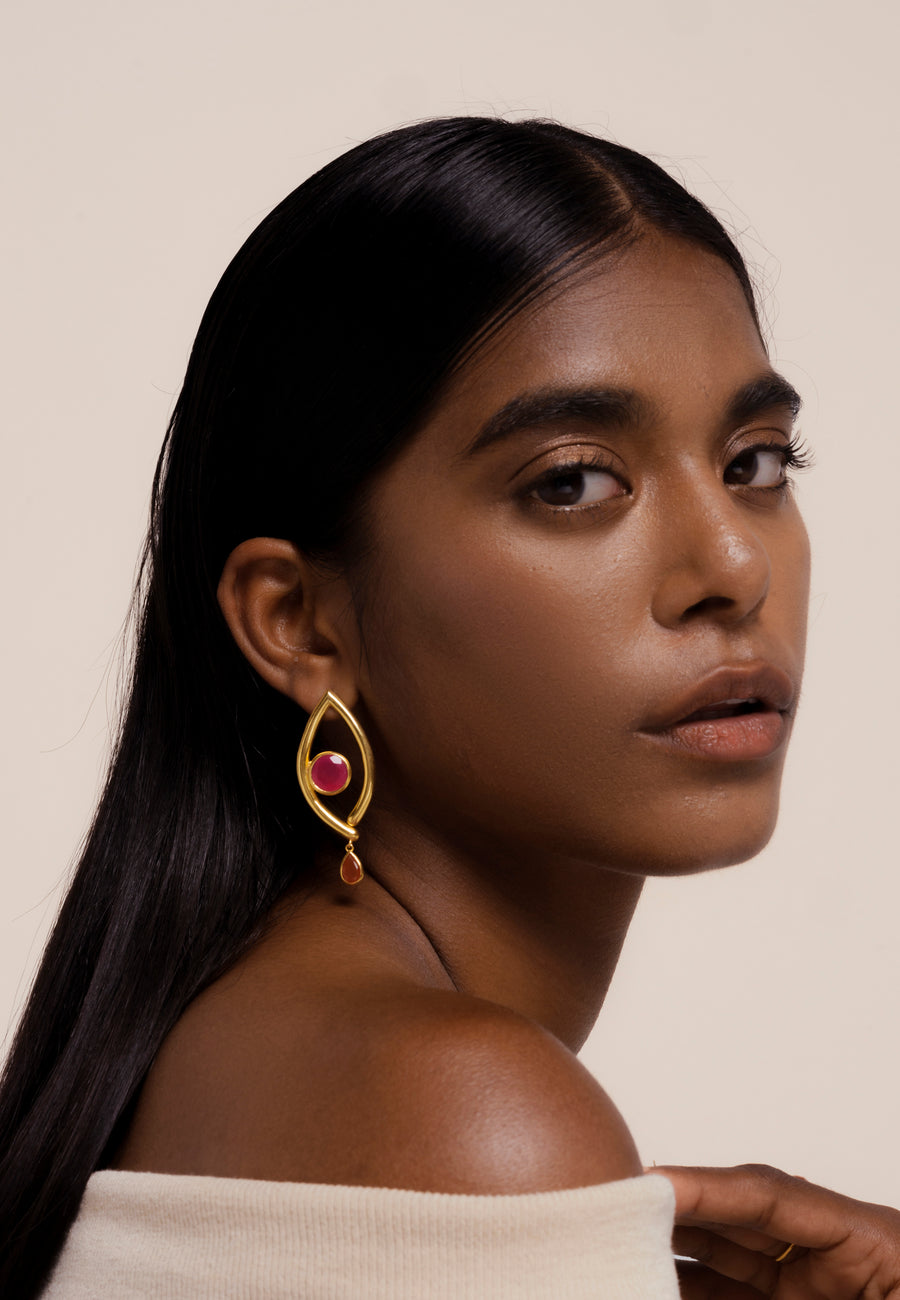 Pendientes del tercer ojo con piedra natural en granate y naranja