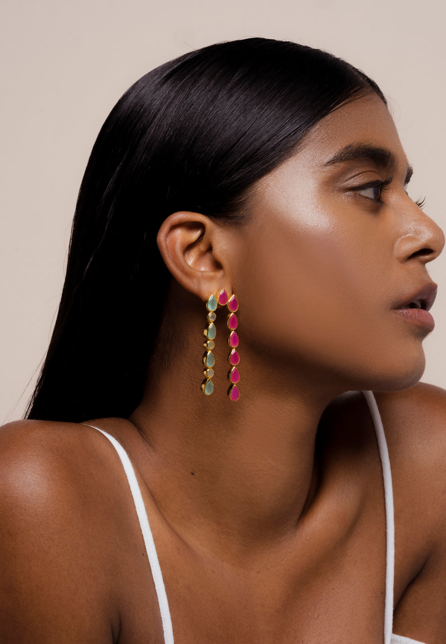 Pendientes dobles en color aguamarina y fucsia