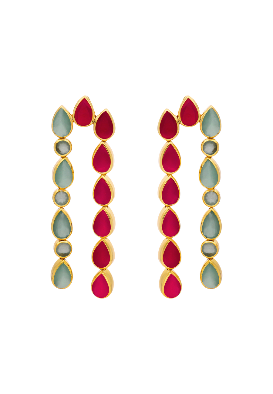 Pendientes dobles aguamarina y fucsia
