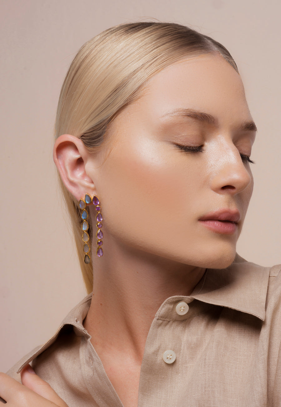 Pendientes dobles morado y gris con amatista y labradorita
