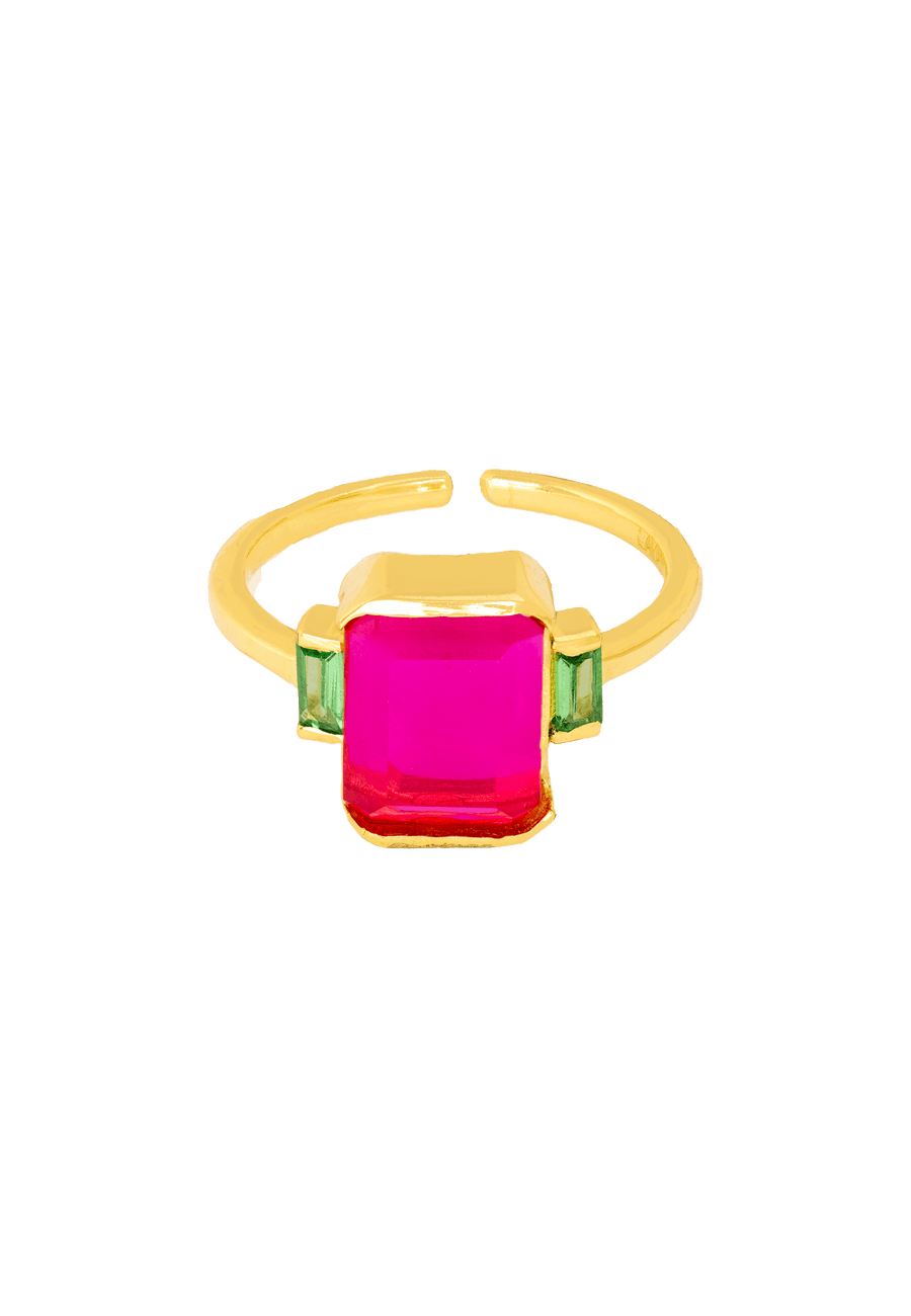 Anillo fucsia ajustable con piedras complementarias en verde