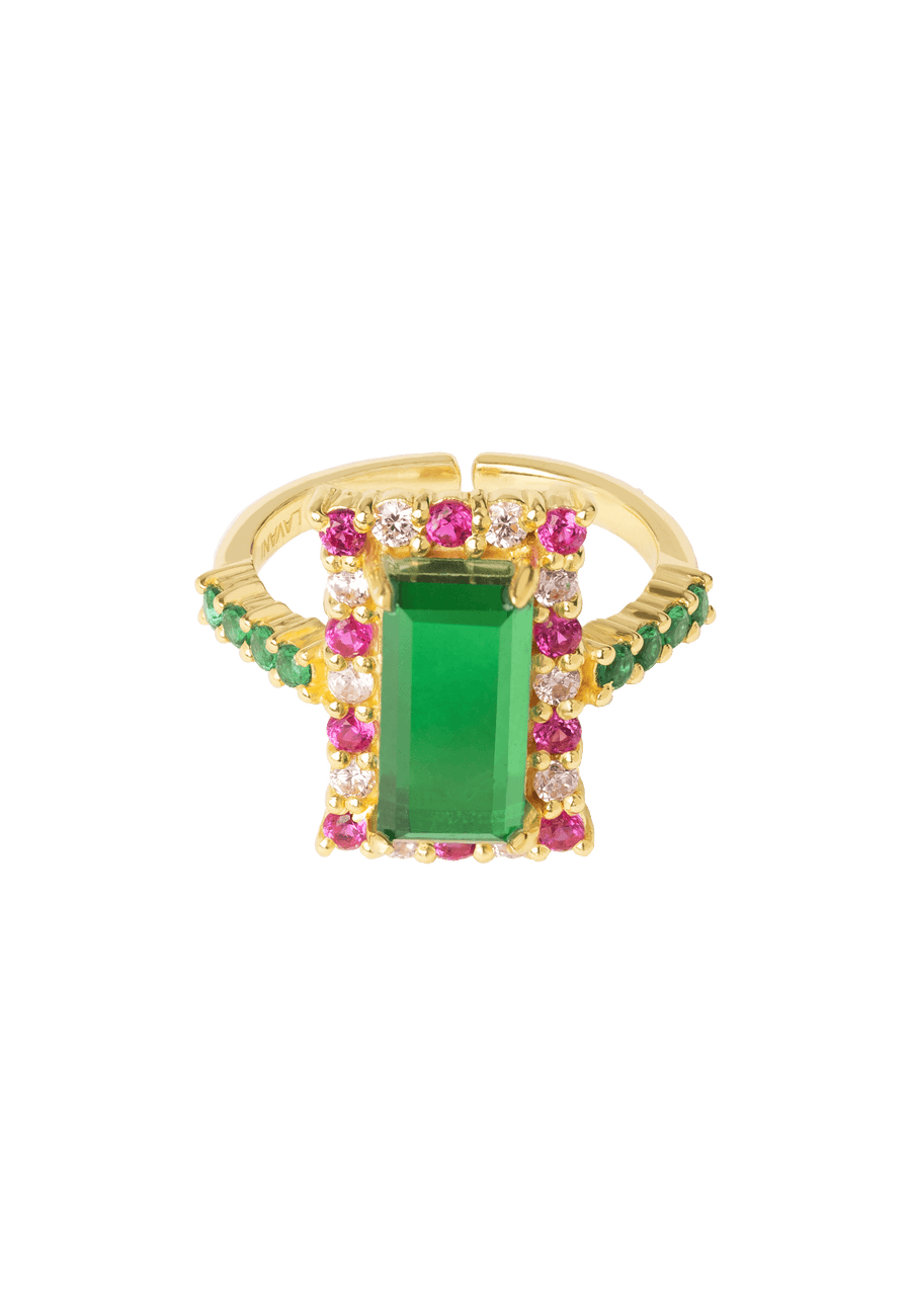 Anillo baguette fucsia y verde ajustable