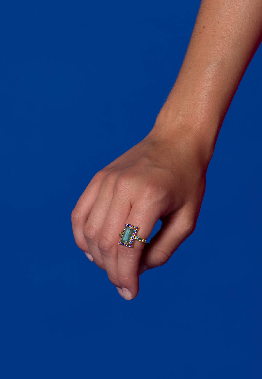 Anillo Rivoli Rosetón Aguamarina y Morado