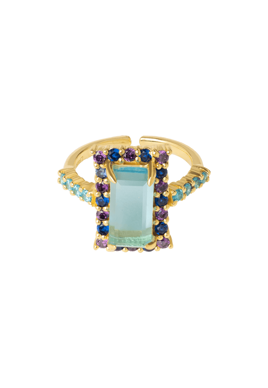 Anillo Rosetón Morado y Aguamarina