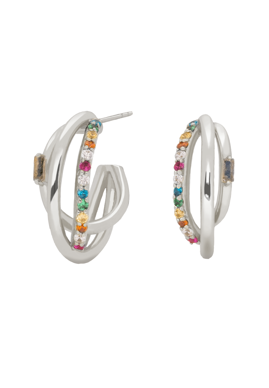 Pendientes de aro plateados con circonitas de colores multicolor