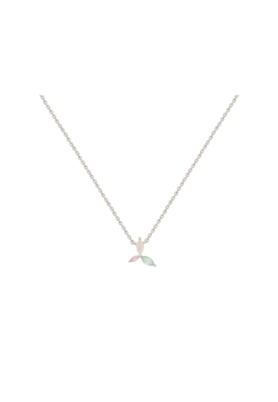 Colgante plateado con flor aguamarina, rosa y blanca