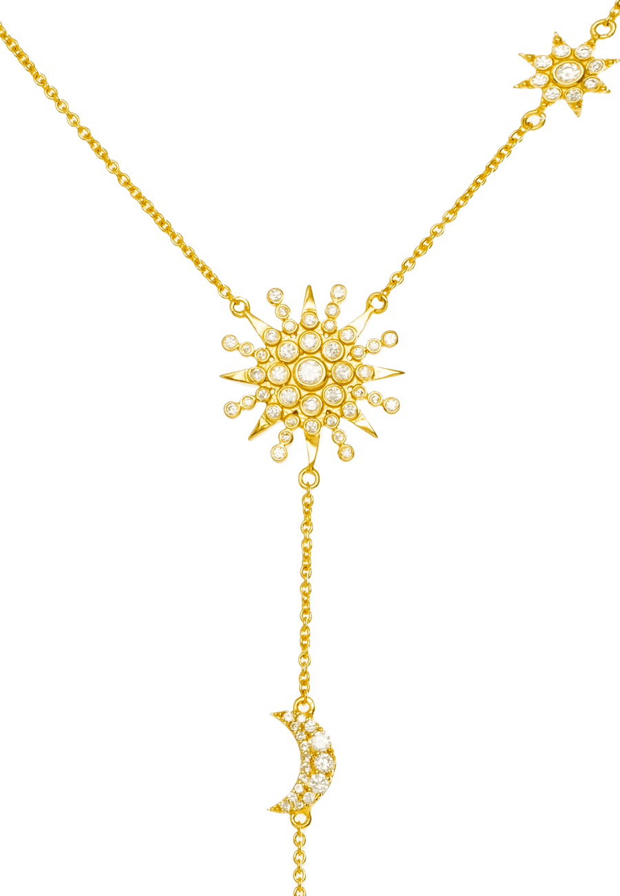zoom de collar de estrella dorado con luna, perla y circonitas blancas de lavani jewels