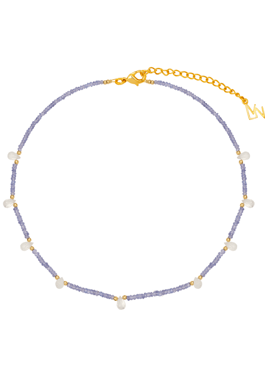 Collar de Tanzanita lila hecho de cuentas de colores con piedra luna Tanzanita intercaladas
