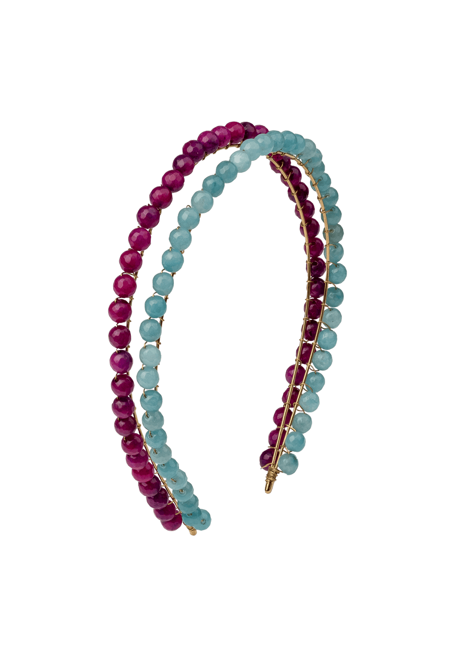 Diadema de piedras naturales en fucsia y aguamarina