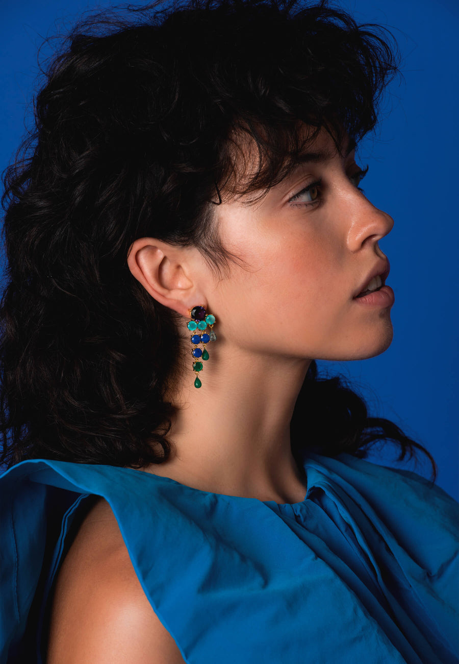 Pendientes azul eléctrico, morado, aguamarina y verde