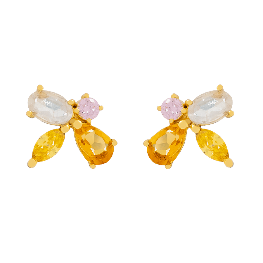 Pendientes sencillos con forma de abeja bañados en oro y formados por 4 circonitas.