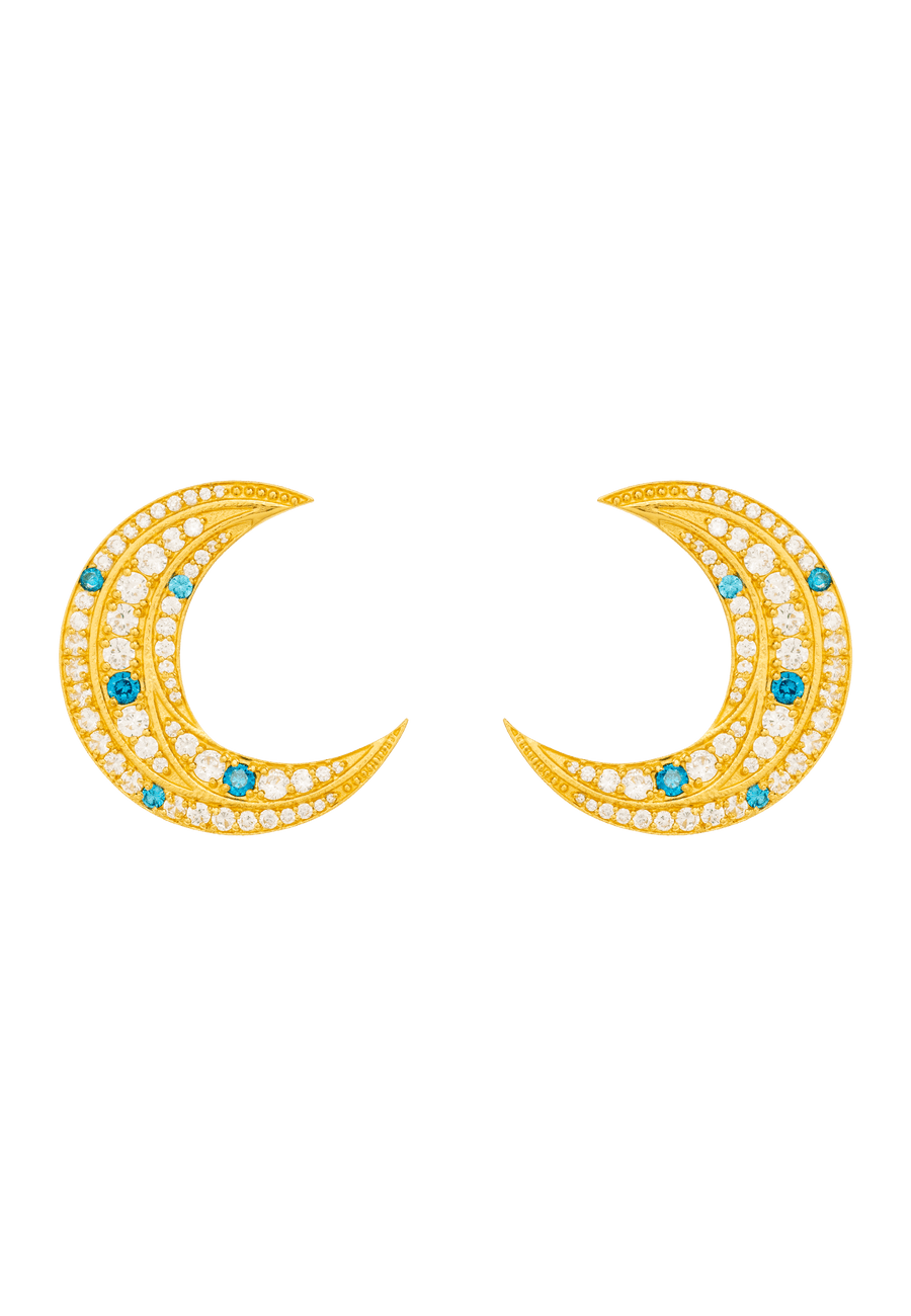 pendientes de luna dorados con circonitas blancas y azules de diseño Lavani Jewels