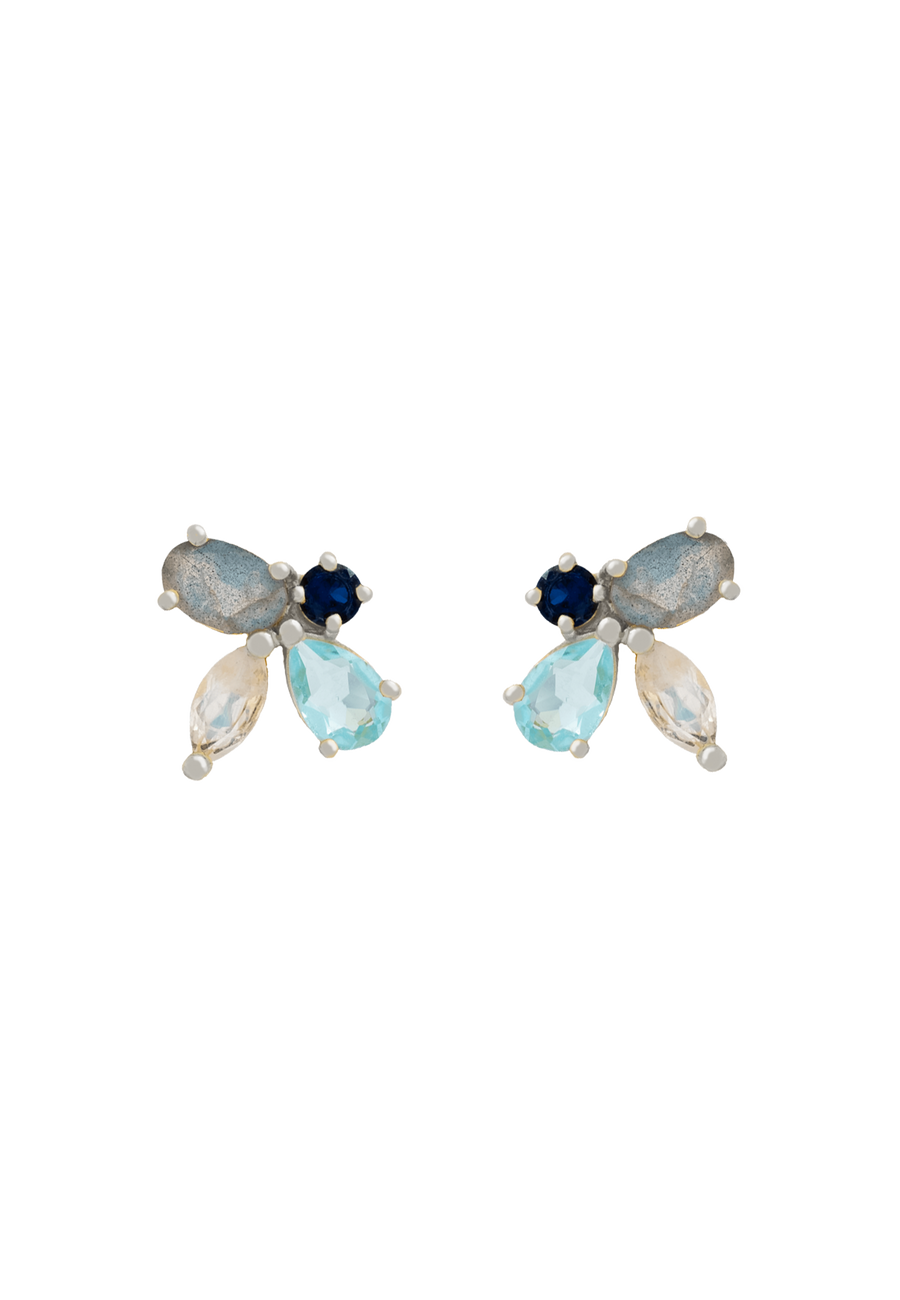 Pendientes plateados en forma de abeja con piedras azules