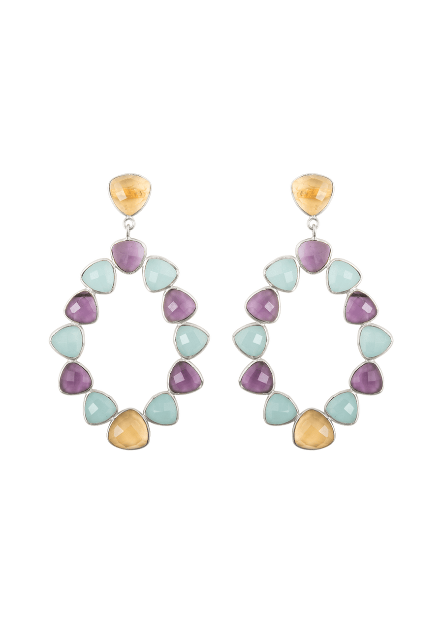 Pendientes plateados con piedras aguamarina y morado para eventos