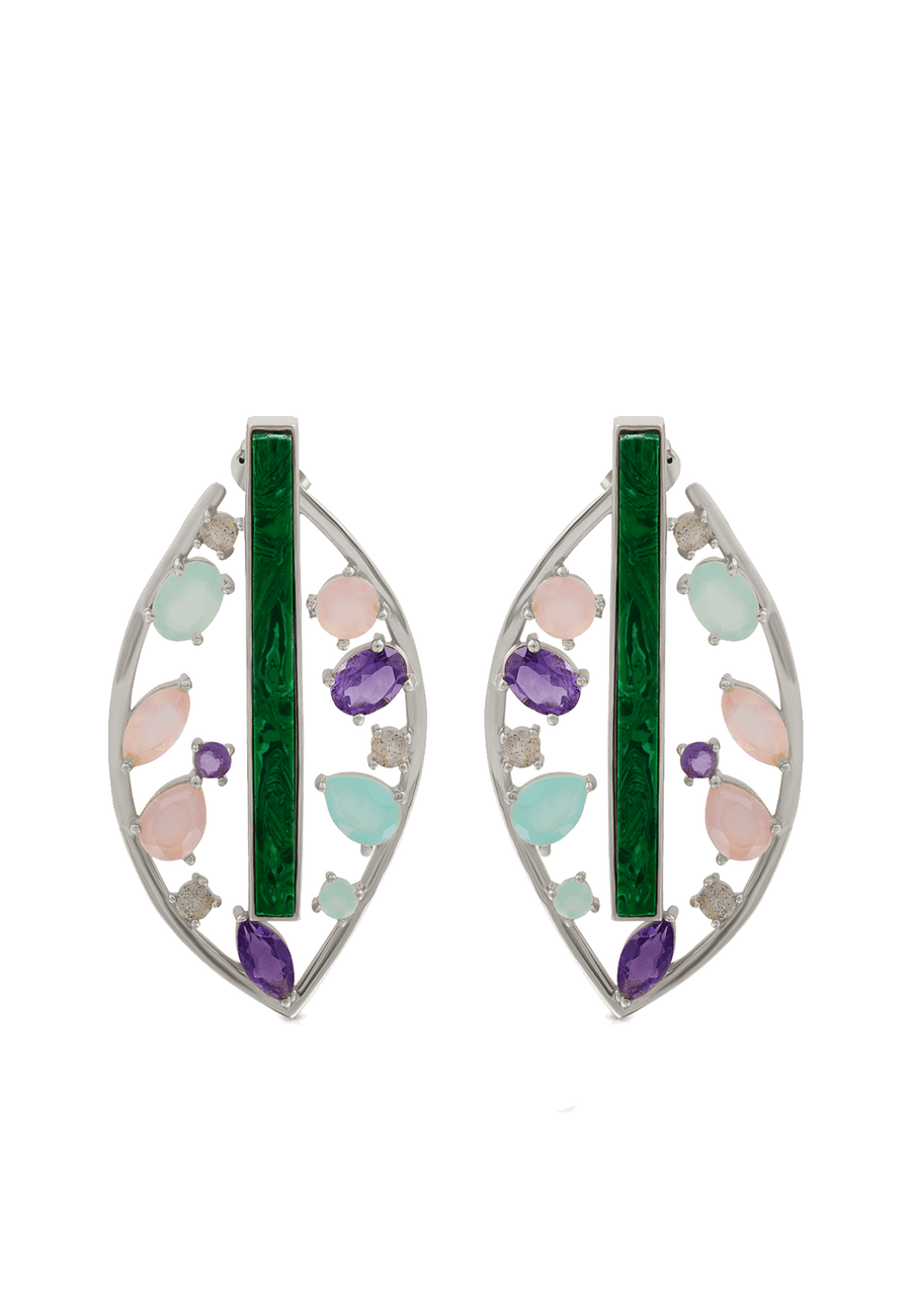 Pendientes plateados en forma de hoja con malaquita y piedras de colores