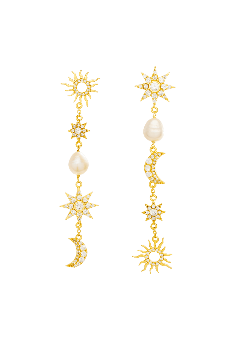 Pendientes largos dorados con perlas y circonitas