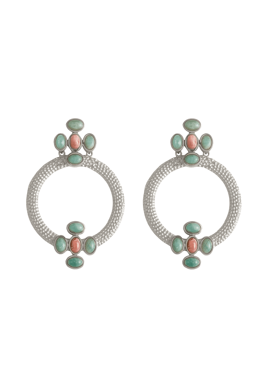 Pendientes plateados de aro frontal con piedras aguamarina y naranja