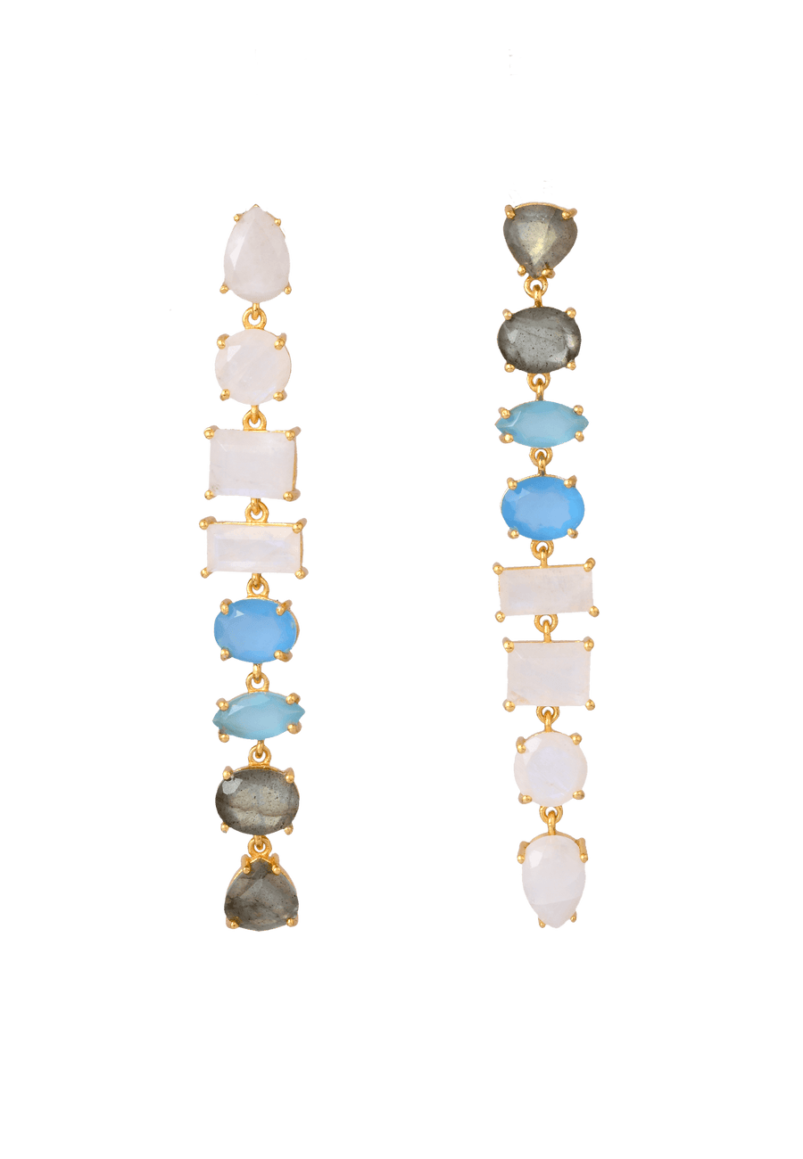 Pendientes largos de novia en tonos blancos, azules y grises