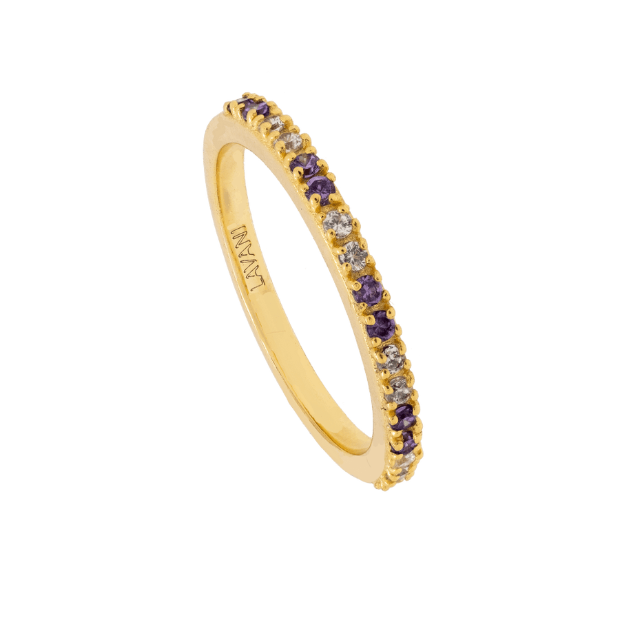anillo fino dorado con circonitas moradas