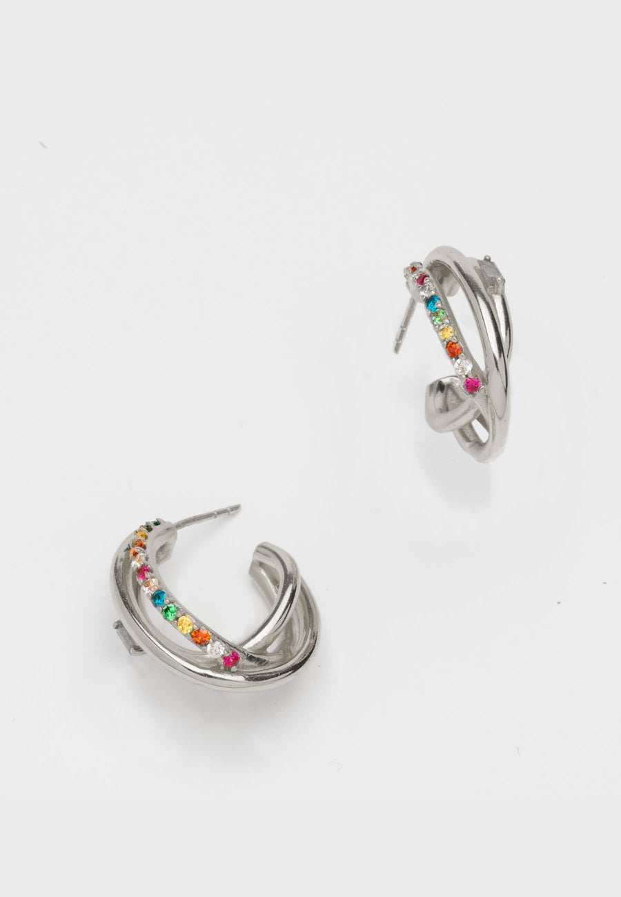 pendientes plateados de aro con circonitas de color