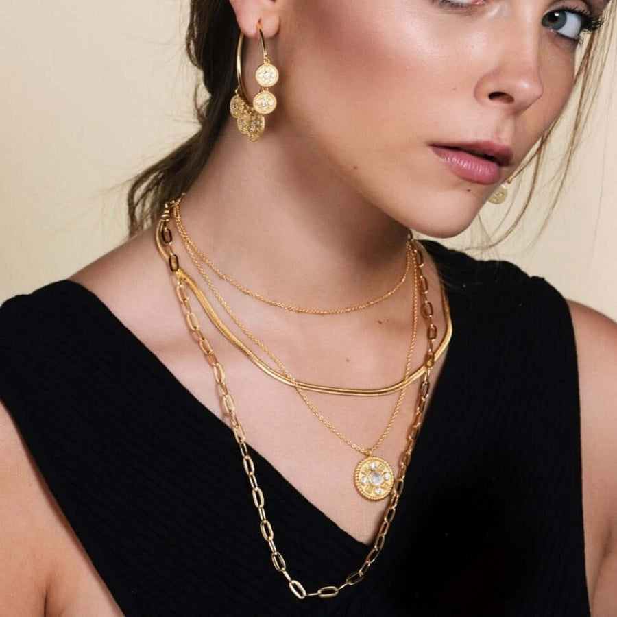 modelo con cadenas basicas doradas y pendientes largos