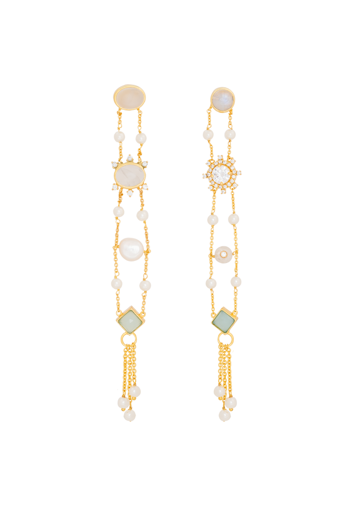 Pendientes largos de Cristal formados por piedralunas, aguamarinas, perlas y circonitas