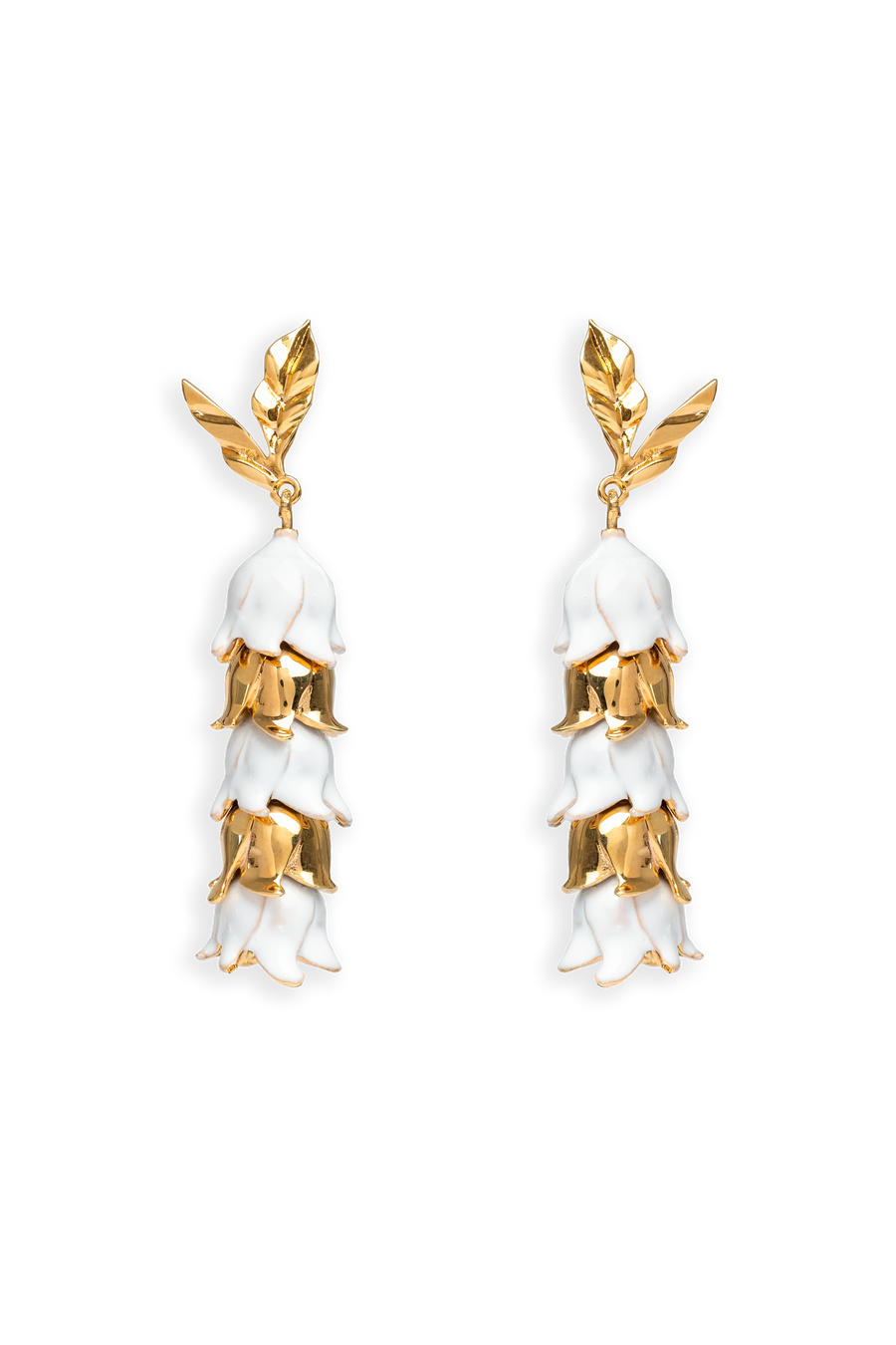 Pendientes largos en forma de lirium dorado y blanco