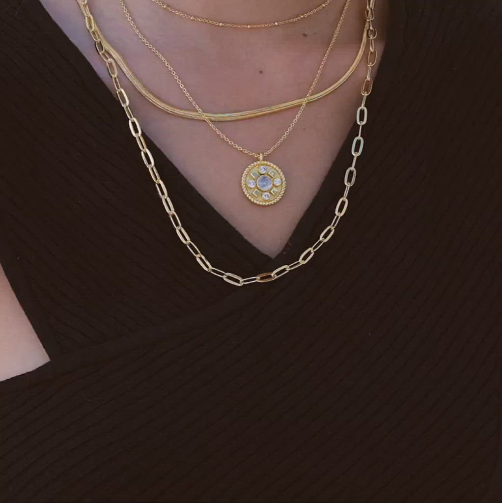 Varios collares de eslabones dorados junto con collar de moneda de Lavani Jewels.
