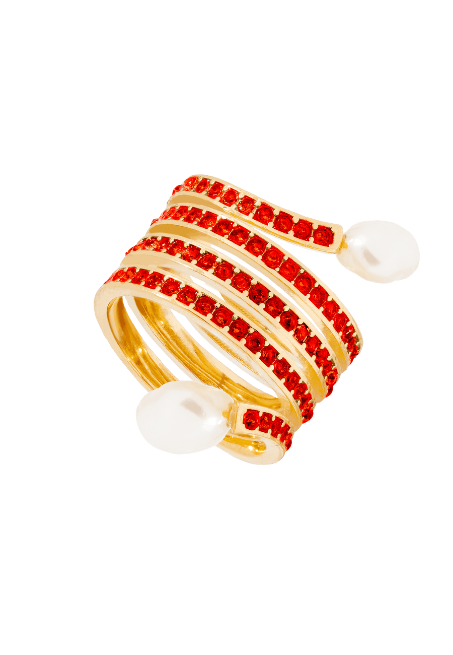 Anillo espiral con circonitas rojas y perlas