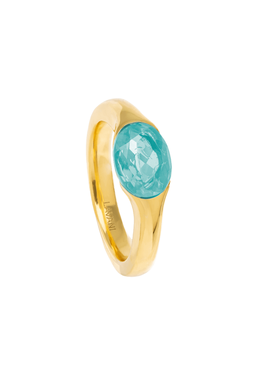 anillo de sello con piedra natural cuarzo aguamarina bañado en oro de 18 quilates