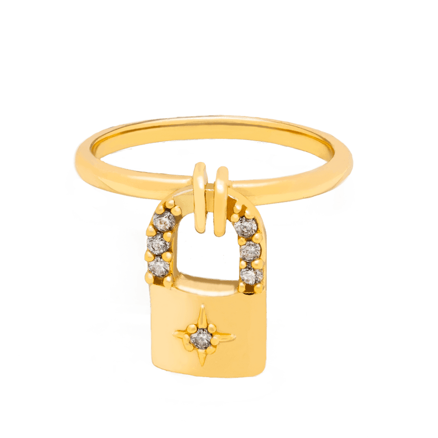anillo forma candado dorado con circonitas blancas