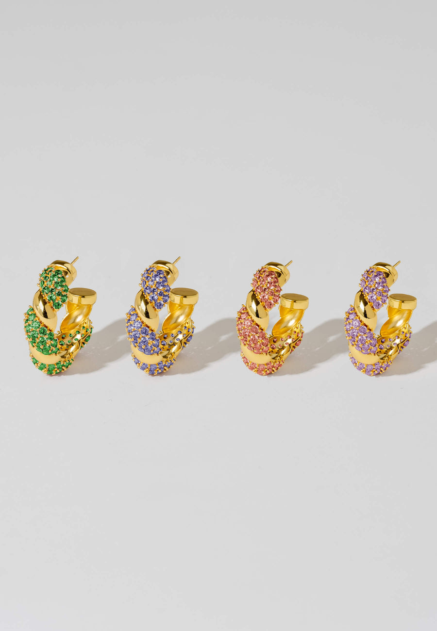 Pendientes estilo aros azules, verde, rosa y morado  con piedras circonitas bañados en oro