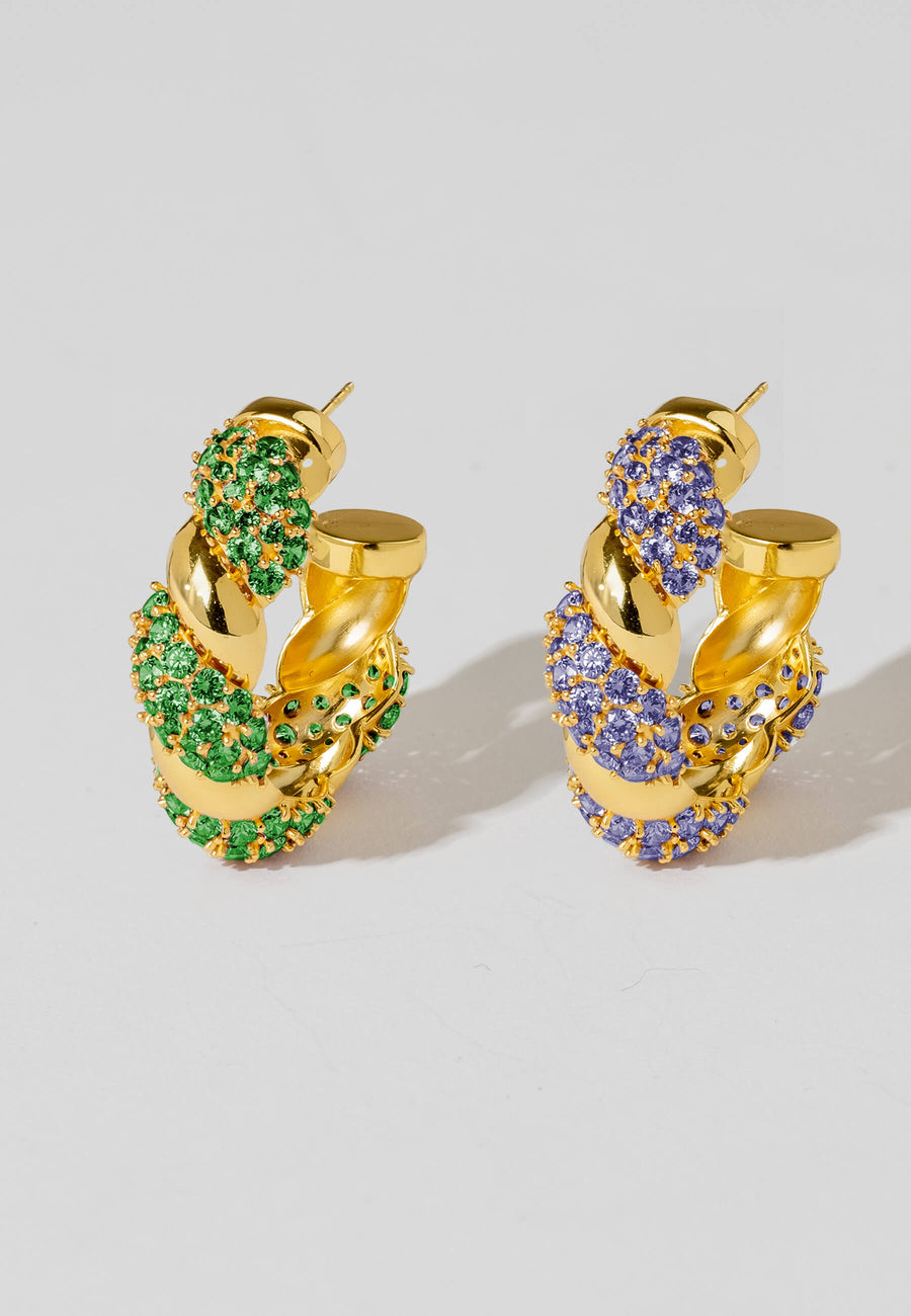 Pendientes estilo aros azules y verdes con piedras circonitas bañados en oro