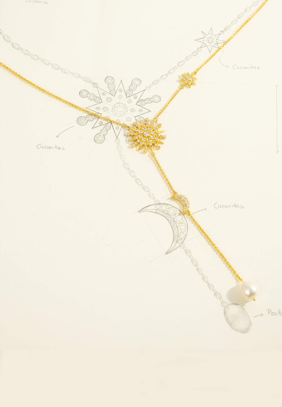 collar de estrella y luna con perla, largo y dorado bañado en oro de 18 quilates de lavani